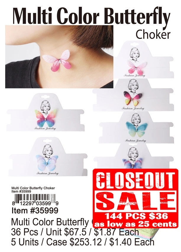 Multi Color Butterfly Choker - Closeout 144 Pcs.